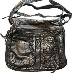 Cargo Metallic Pewter Silver Black Vegan Poly Quilted Faux Leather Crossbody Bag